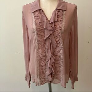 VTG Women’s Silk Ruffle Front Sheer Blouse Lace Sz. 10 Purple Button Down Preppy